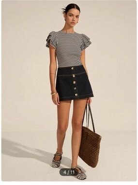 Commense Black and White Striped Ruffle Sleeve Top NWT
